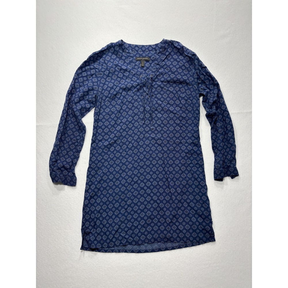 Banana Republic Dress Womens 4P Blue Geometric V Neck Long Sleeve Shirt Dress
